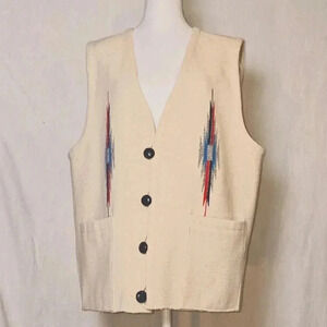 SOLD VTG Ortega Chimayo Hand Woven 100% Wool Aztec Cream Unisex Vest Sz 48